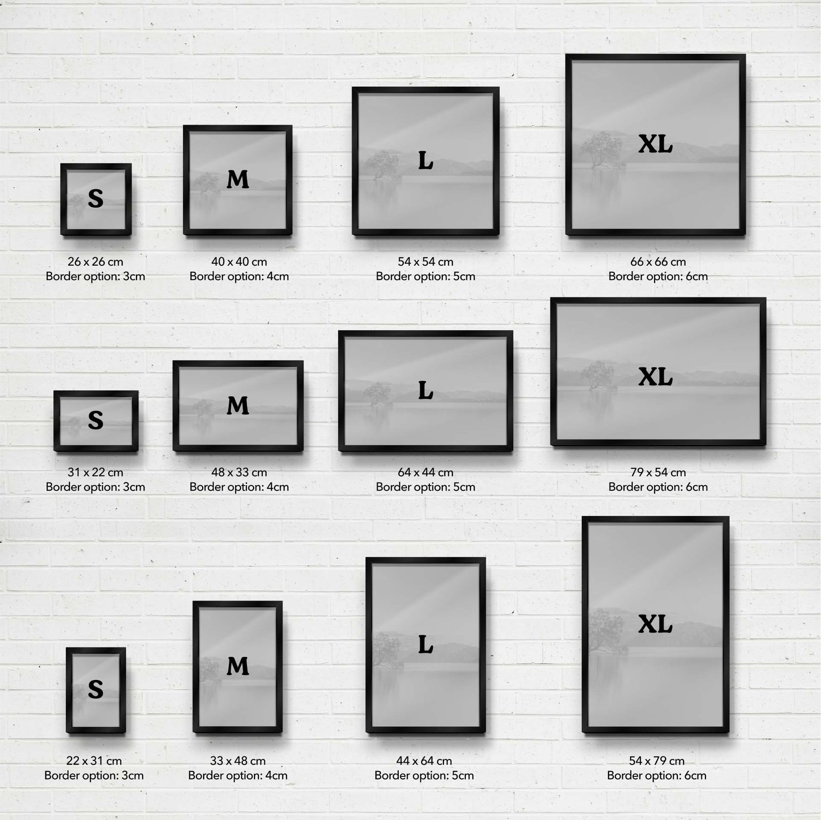 Set of photo frames with dimensions and border options on a white brick wall background
