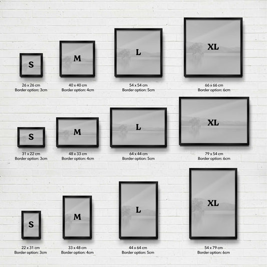 Set of photo frames with dimensions and border options on a white brick wall background